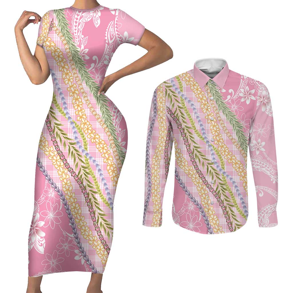 Pink Palaka Hawaii Leis Couples Matching Short Sleeve Bodycon Dress and Long Sleeve Button Shirt Hawaiian-plaid Elegant Tropical Vibes - Polynesian Pride