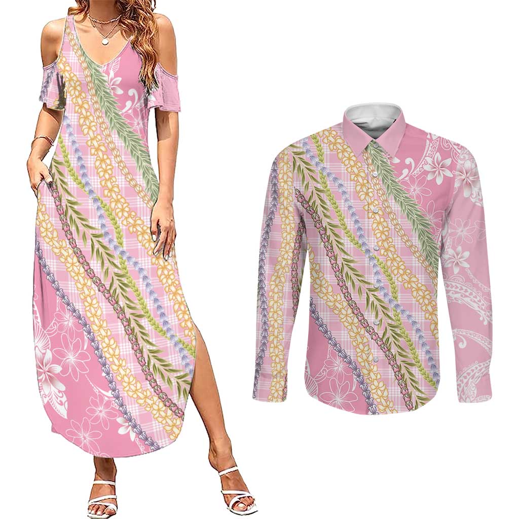 Pink Palaka Hawaii Leis Couples Matching Summer Maxi Dress and Long Sleeve Button Shirt Hawaiian-plaid Elegant Tropical Vibes - Polynesian Pride