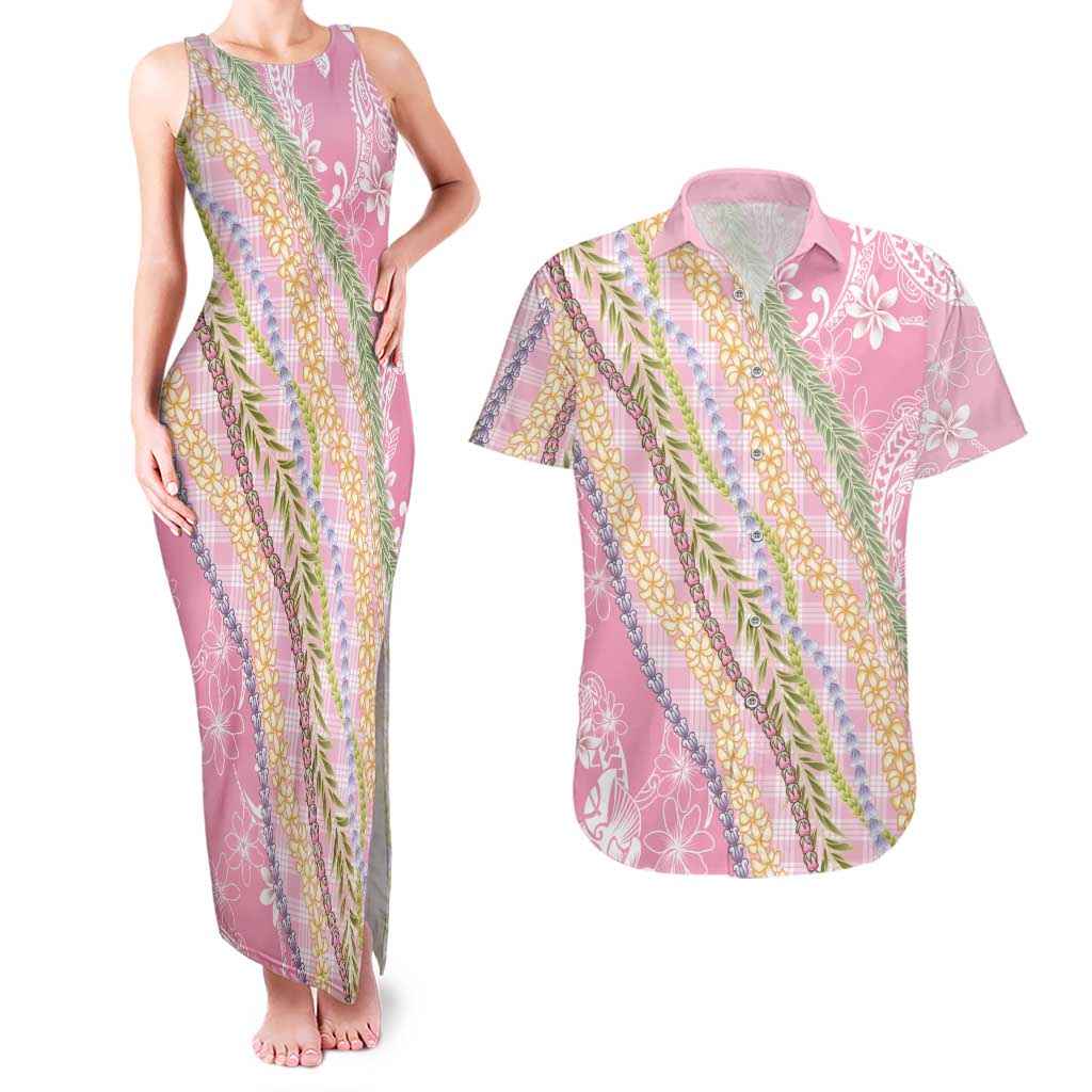 Pink Palaka Hawaii Leis Couples Matching Tank Maxi Dress and Hawaiian Shirt Hawaiian-plaid Elegant Tropical Vibes - Polynesian Pride
