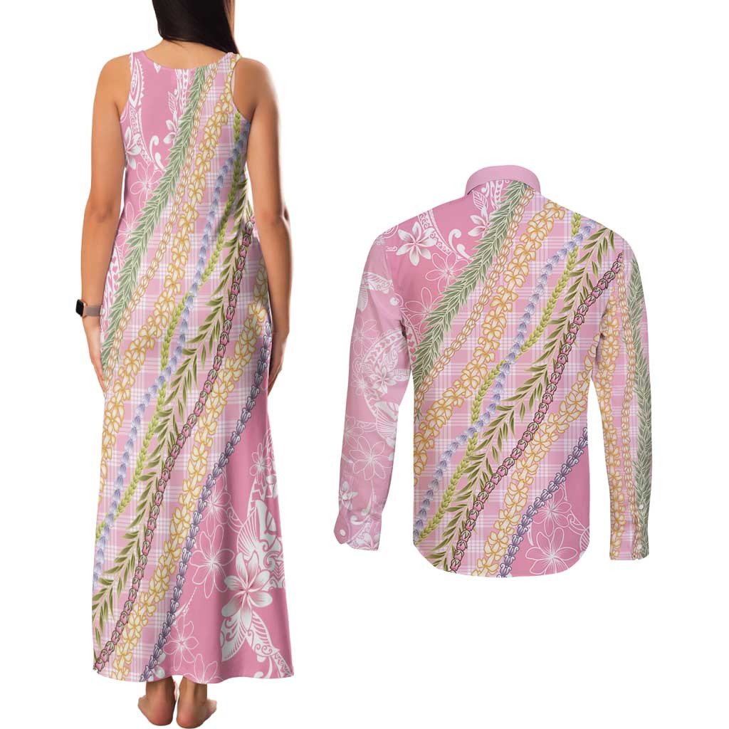 Pink Palaka Hawaii Leis Couples Matching Tank Maxi Dress and Long Sleeve Button Shirt Hawaiian-plaid Elegant Tropical Vibes - Polynesian Pride