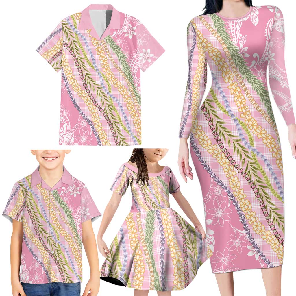 Pink Palaka Hawaii Leis Family Matching Long Sleeve Bodycon Dress and Hawaiian Shirt Hawaiian-plaid Elegant Tropical Vibes - Polynesian Pride
