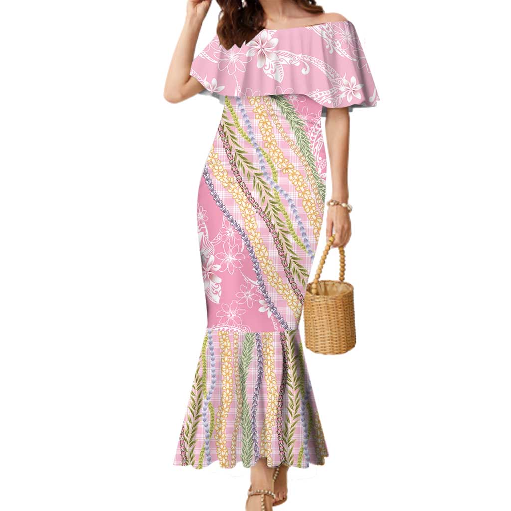 Pink Palaka Hawaii Leis Family Matching Mermaid Dress and Hawaiian Shirt Hawaiian-plaid Elegant Tropical Vibes LT14 Mom's Dress Pink - Polynesian Pride