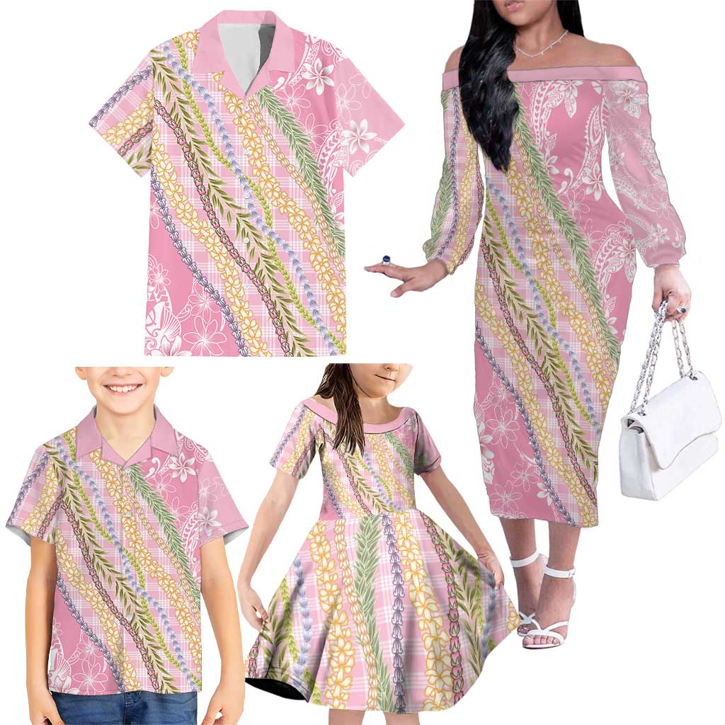 Pink Palaka Hawaii Leis Family Matching Off The Shoulder Long Sleeve Dress and Hawaiian Shirt Hawaiian-plaid Elegant Tropical Vibes - Polynesian Pride