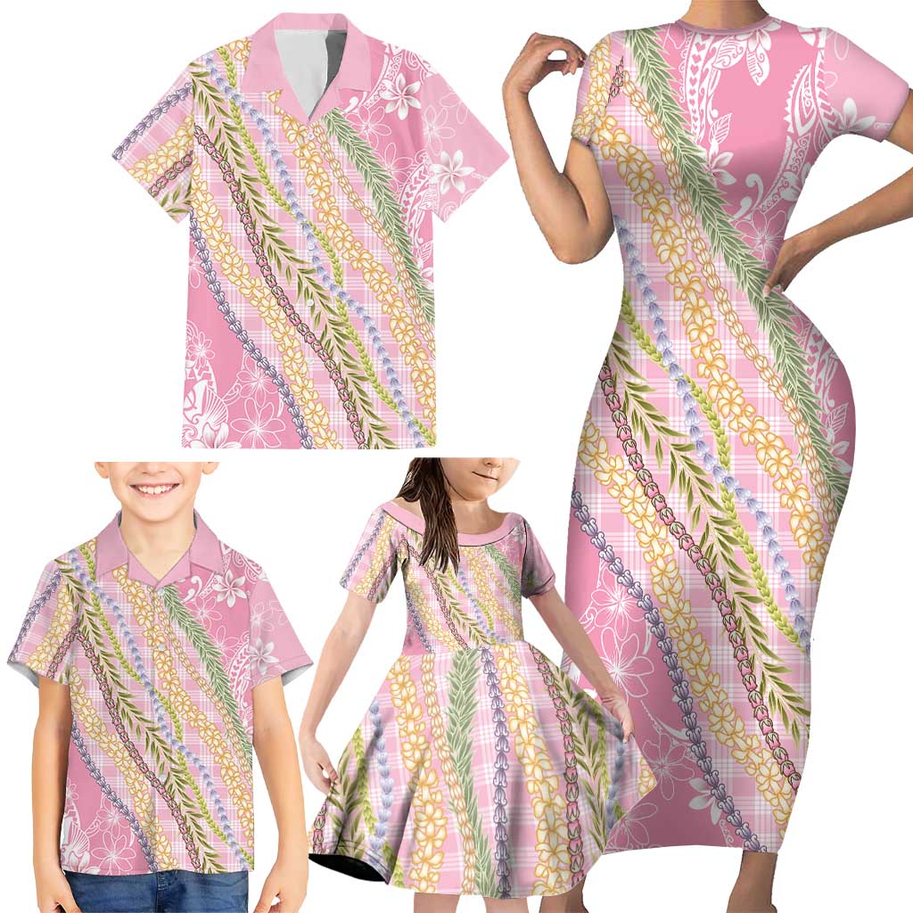 Pink Palaka Hawaii Leis Family Matching Short Sleeve Bodycon Dress and Hawaiian Shirt Hawaiian-plaid Elegant Tropical Vibes - Polynesian Pride