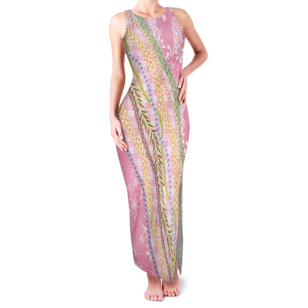Pink Palaka Hawaii Leis Family Matching Tank Maxi Dress and Hawaiian Shirt Hawaiian-plaid Elegant Tropical Vibes LT14 Mom's Dress Pink - Polynesian Pride
