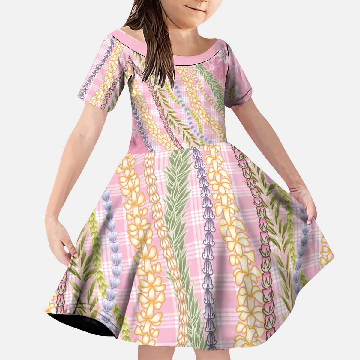 Pink Palaka Hawaii Leis Kid Short Sleeve Dress Hawaiian-plaid Elegant Tropical Vibes - Polynesian Pride