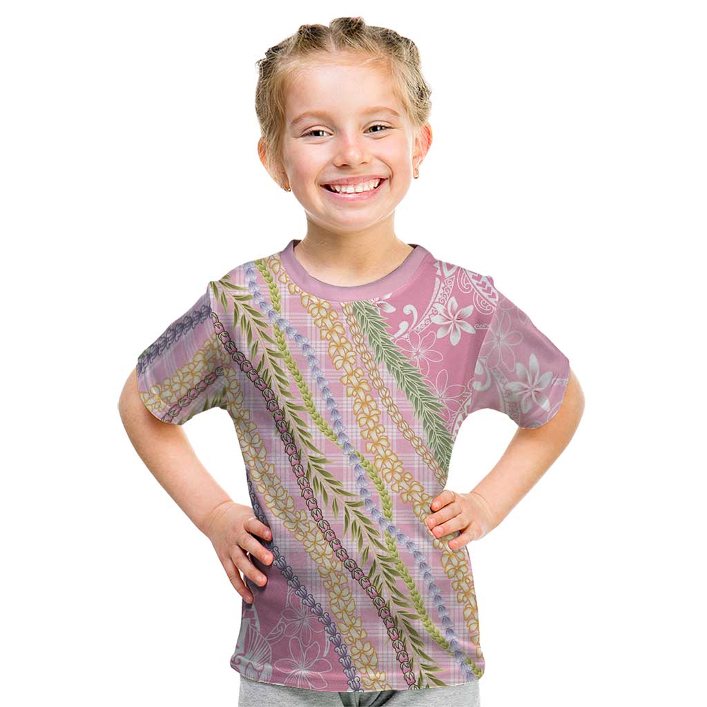 Pink Palaka Hawaii Leis Kid T Shirt Hawaiian-plaid Elegant Tropical Vibes - Polynesian Pride