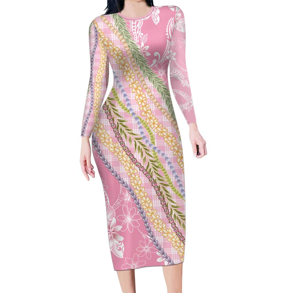 Pink Palaka Hawaii Leis Long Sleeve Bodycon Dress Hawaiian-plaid Elegant Tropical Vibes LT14 Long Dress Pink - Polynesian Pride