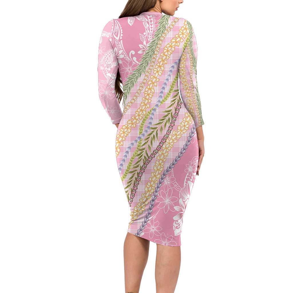 Pink Palaka Hawaii Leis Long Sleeve Bodycon Dress Hawaiian-plaid Elegant Tropical Vibes LT14 - Polynesian Pride