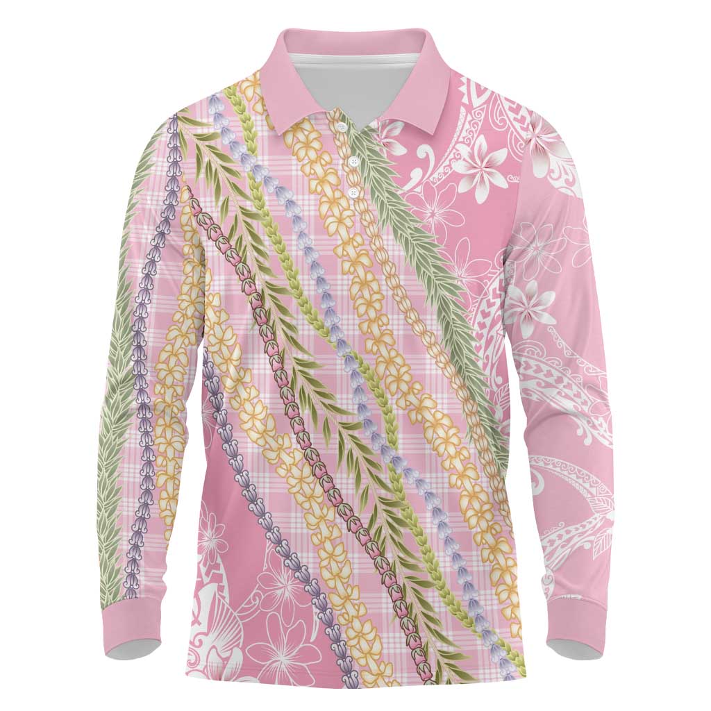 Pink Palaka Hawaii Leis Long Sleeve Polo Shirt Hawaiian-plaid Elegant Tropical Vibes - Polynesian Pride