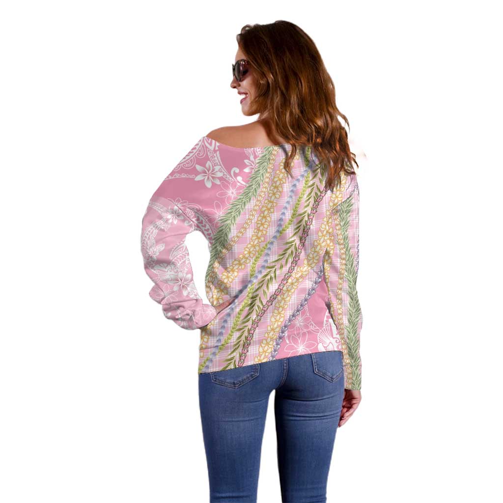 Pink Palaka Hawaii Leis Off Shoulder Sweater Hawaiian-plaid Elegant Tropical Vibes - Polynesian Pride
