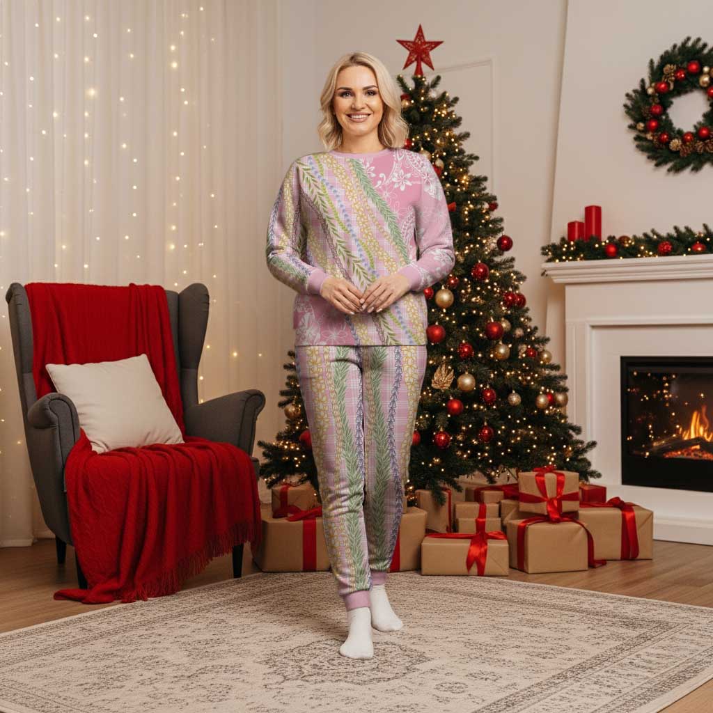 Pink Palaka Hawaii Leis Christmas Pajama Set Hawaiian-plaid Elegant Tropical Vibes LT14 Women Pink - Polynesian Pride