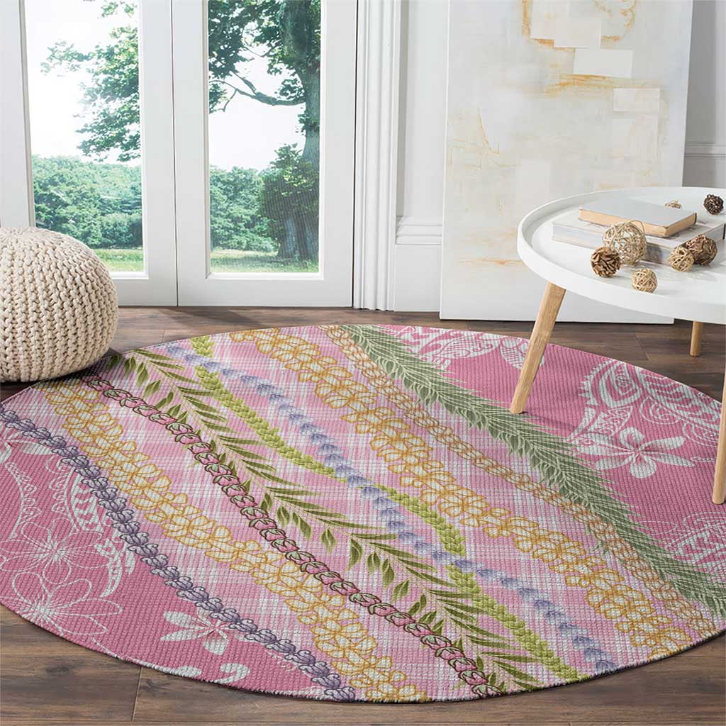 Pink Palaka Hawaii Leis Round Carpet Hawaiian-plaid Elegant Tropical Vibes - Polynesian Pride