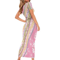 Pink Palaka Hawaii Leis Short Sleeve Bodycon Dress Hawaiian-plaid Elegant Tropical Vibes - Polynesian Pride