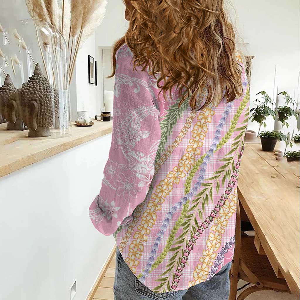Pink Palaka Hawaii Leis Women Casual Shirt Hawaiian-plaid Elegant Tropical Vibes - Polynesian Pride