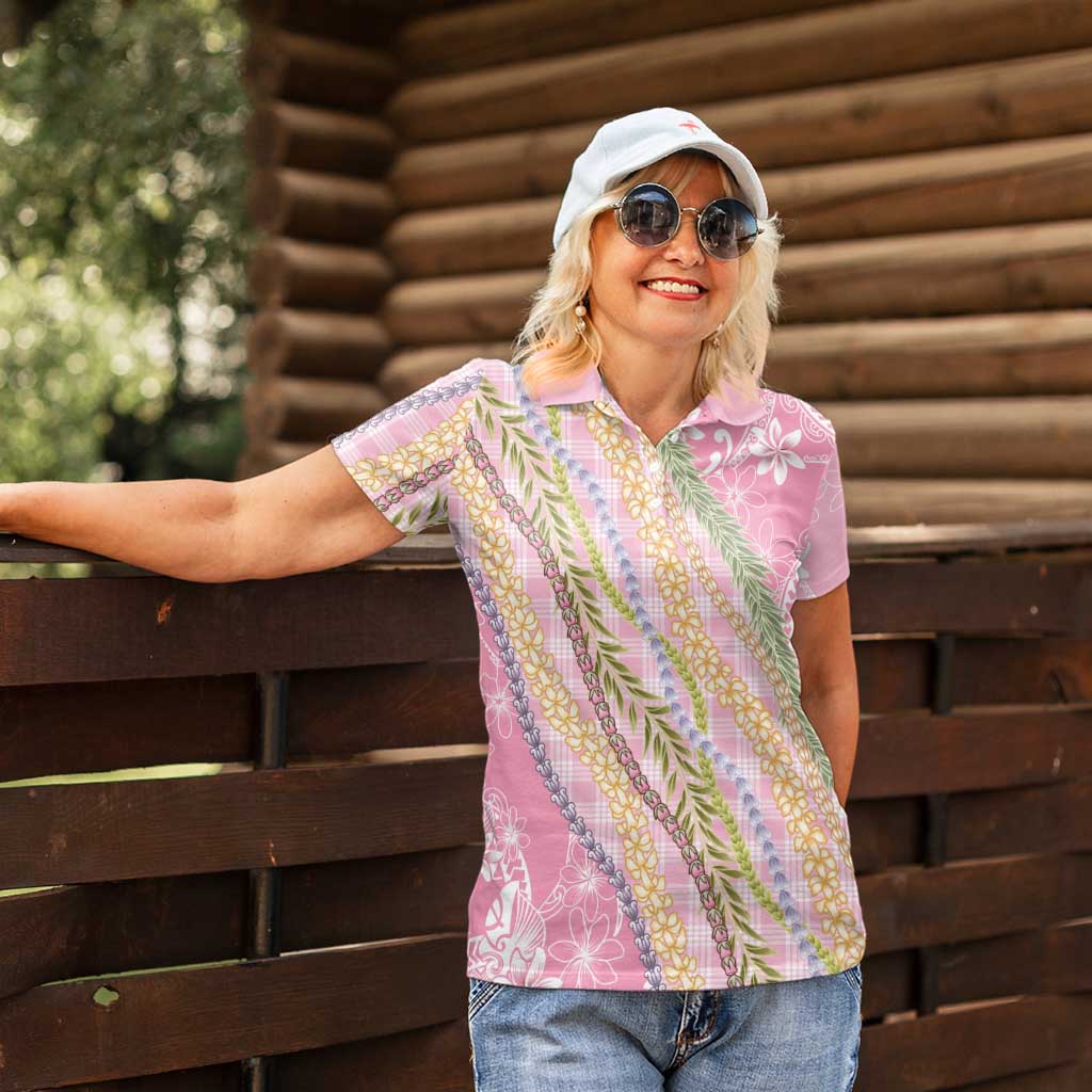 Pink Palaka Hawaii Leis Women Polo Shirt Hawaiian-plaid Elegant Tropical Vibes - Polynesian Pride