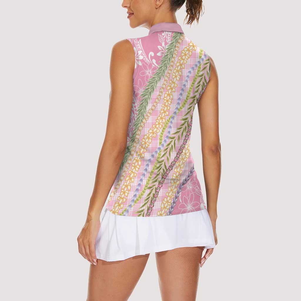 Pink Palaka Hawaii Leis Women Sleeveless Polo Shirt Hawaiian-plaid Elegant Tropical Vibes - Polynesian Pride