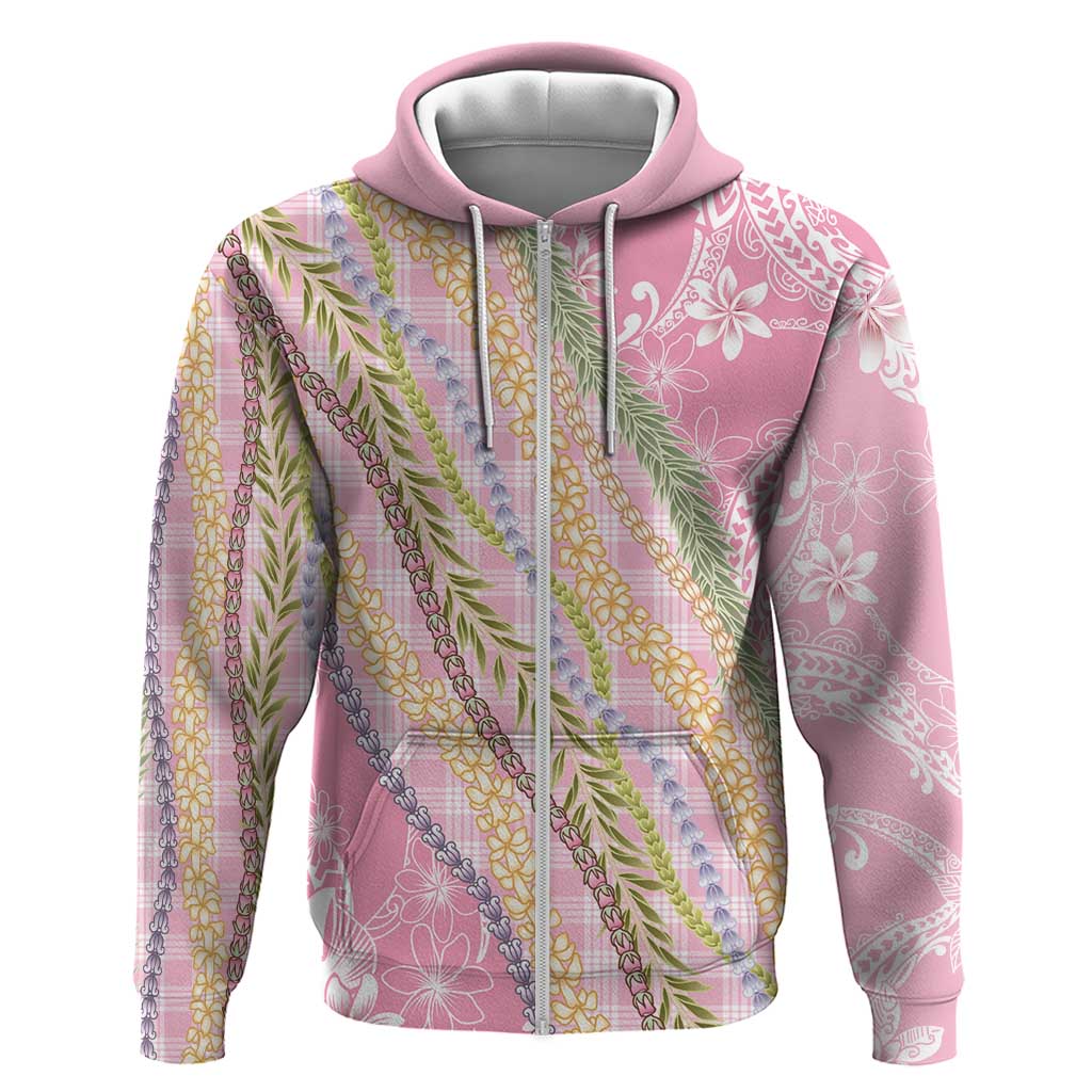 Pink Palaka Hawaii Leis Zip Hoodie Hawaiian-plaid Elegant Tropical Vibes - Polynesian Pride
