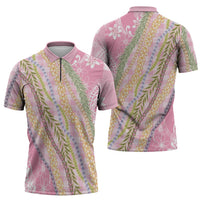 Pink Palaka Hawaii Leis Zipper Polo Shirt Hawaiian-plaid Elegant Tropical Vibes - Polynesian Pride