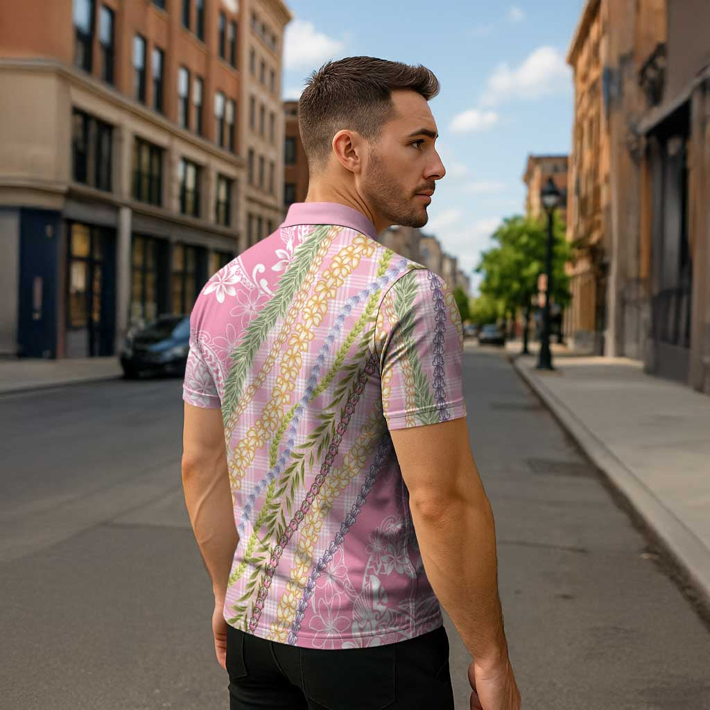 Pink Palaka Hawaii Leis Zipper Polo Shirt Hawaiian-plaid Elegant Tropical Vibes - Polynesian Pride