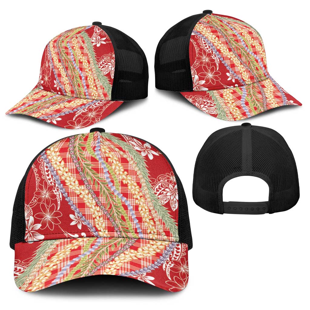 Red Palaka Hawaii Leis Baseball Net Cap Hawaiian-plaid Elegant Tropical Vibes - Polynesian Pride