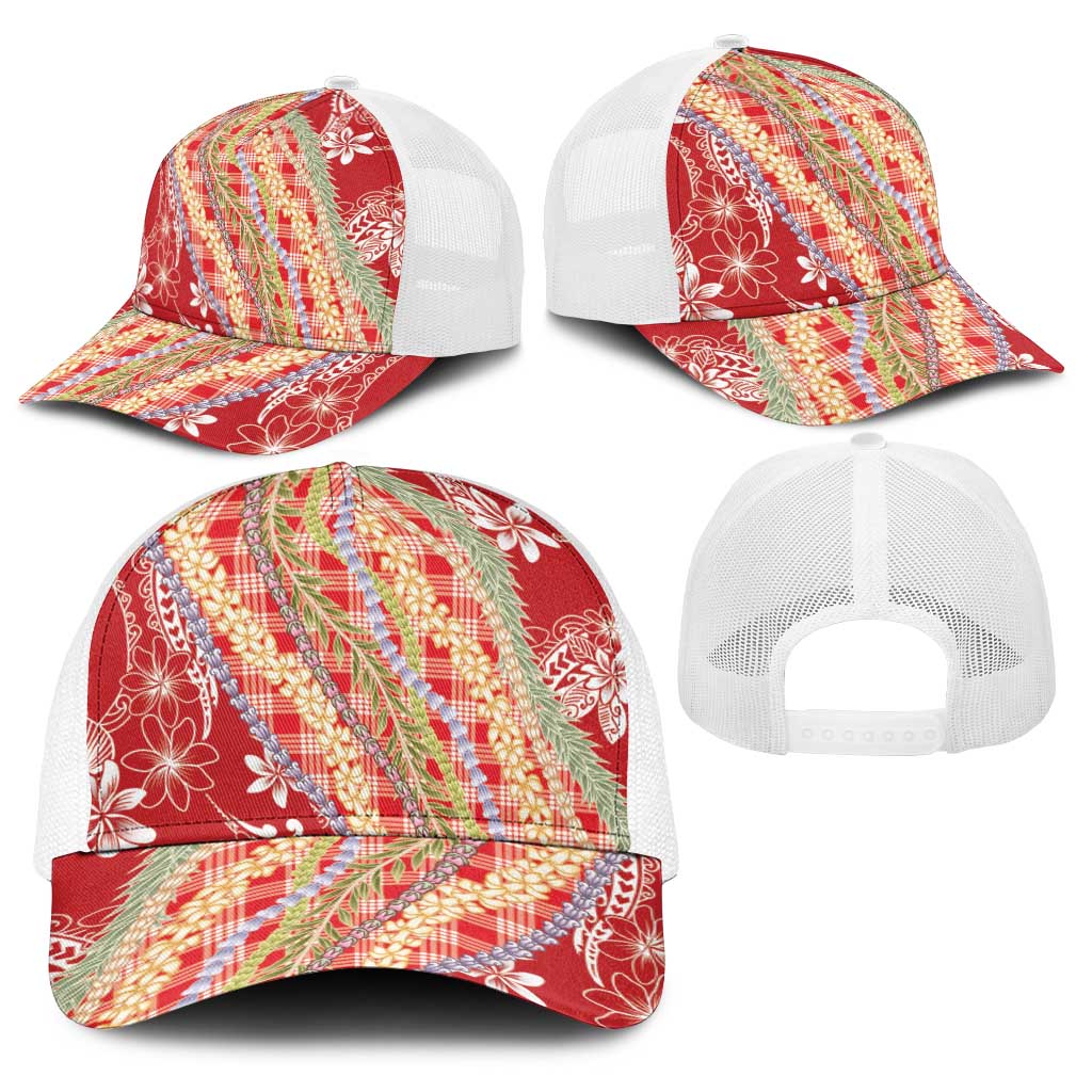 Red Palaka Hawaii Leis Baseball Net Cap Hawaiian-plaid Elegant Tropical Vibes - Polynesian Pride