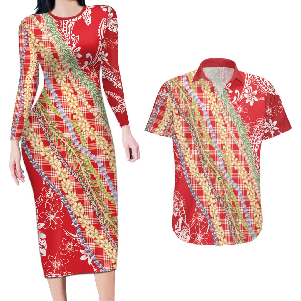 Red Palaka Hawaii Leis Couples Matching Long Sleeve Bodycon Dress and Hawaiian Shirt Hawaiian-plaid Elegant Tropical Vibes - Polynesian Pride