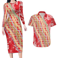 Red Palaka Hawaii Leis Couples Matching Long Sleeve Bodycon Dress and Hawaiian Shirt Hawaiian-plaid Elegant Tropical Vibes LT14 Red - Polynesian Pride