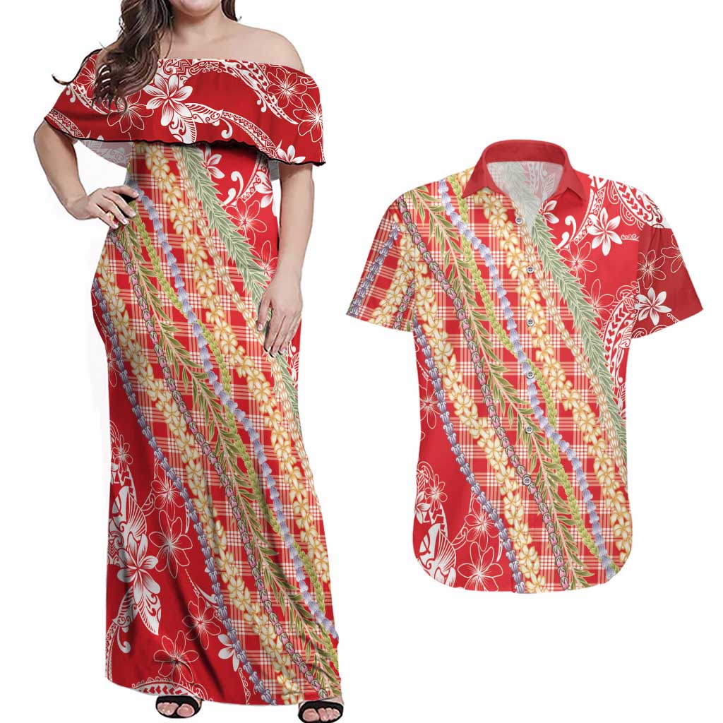 Red Palaka Hawaii Leis Couples Matching Off Shoulder Maxi Dress and Hawaiian Shirt Hawaiian-plaid Elegant Tropical Vibes - Polynesian Pride
