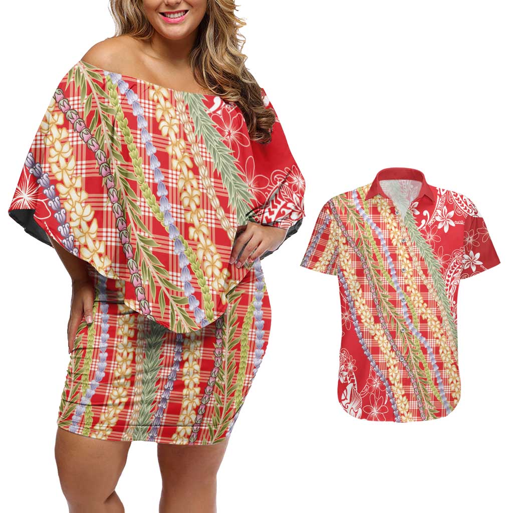 Red Palaka Hawaii Leis Couples Matching Off Shoulder Short Dress and Hawaiian Shirt Hawaiian-plaid Elegant Tropical Vibes LT14 Red - Polynesian Pride