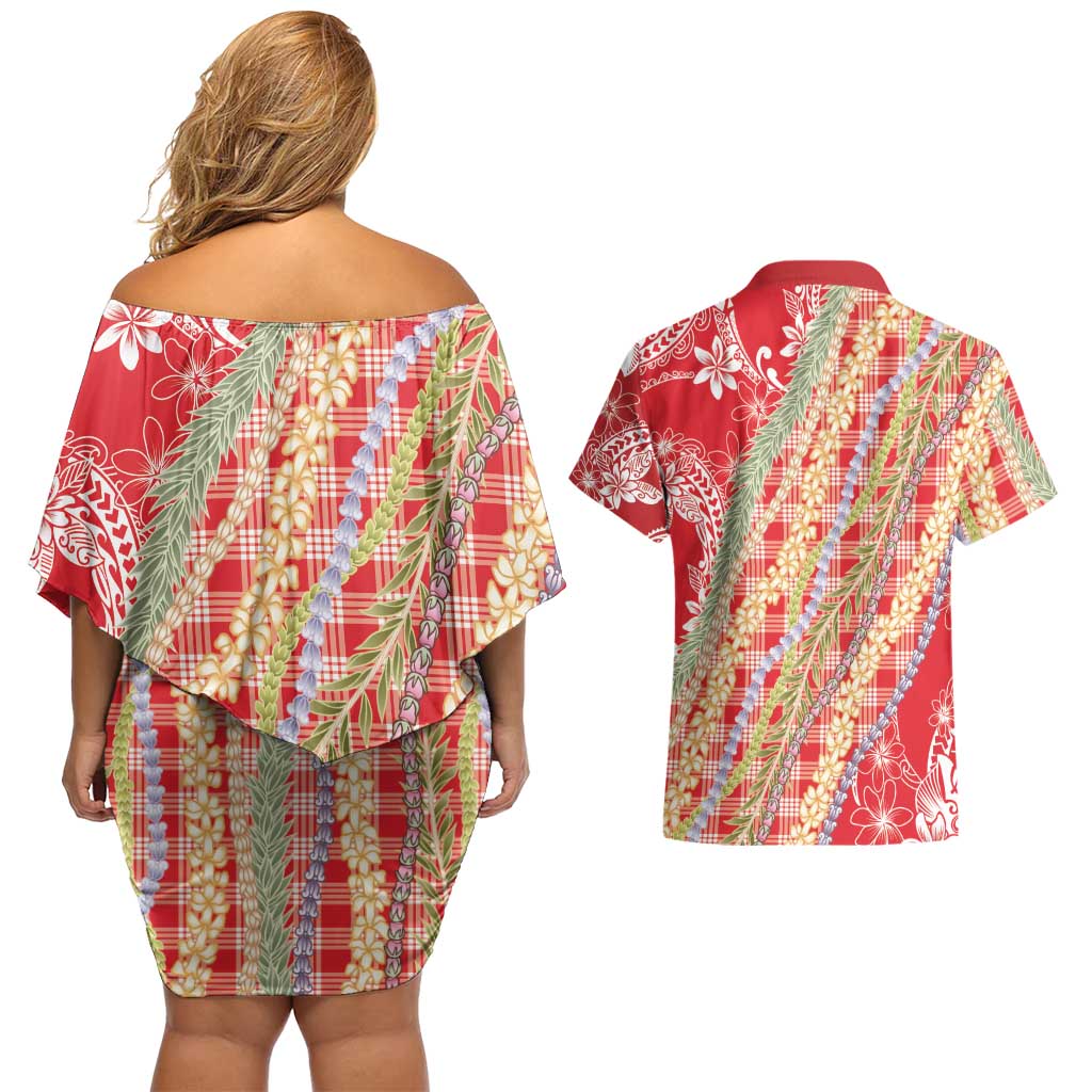 Red Palaka Hawaii Leis Couples Matching Off Shoulder Short Dress and Hawaiian Shirt Hawaiian-plaid Elegant Tropical Vibes LT14 - Polynesian Pride