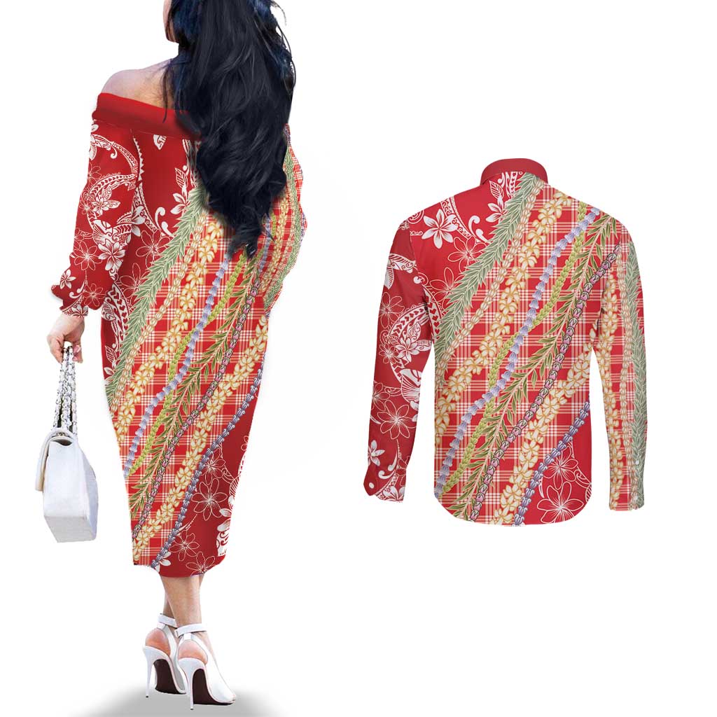 Red Palaka Hawaii Leis Couples Matching Off The Shoulder Long Sleeve Dress and Long Sleeve Button Shirt Hawaiian-plaid Elegant Tropical Vibes - Polynesian Pride