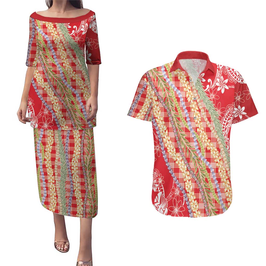 Red Palaka Hawaii Leis Couples Matching Puletasi and Hawaiian Shirt Hawaiian-plaid Elegant Tropical Vibes - Polynesian Pride