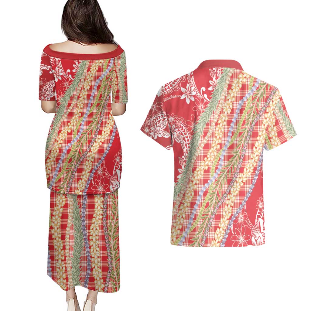 Red Palaka Hawaii Leis Couples Matching Puletasi and Hawaiian Shirt Hawaiian-plaid Elegant Tropical Vibes - Polynesian Pride