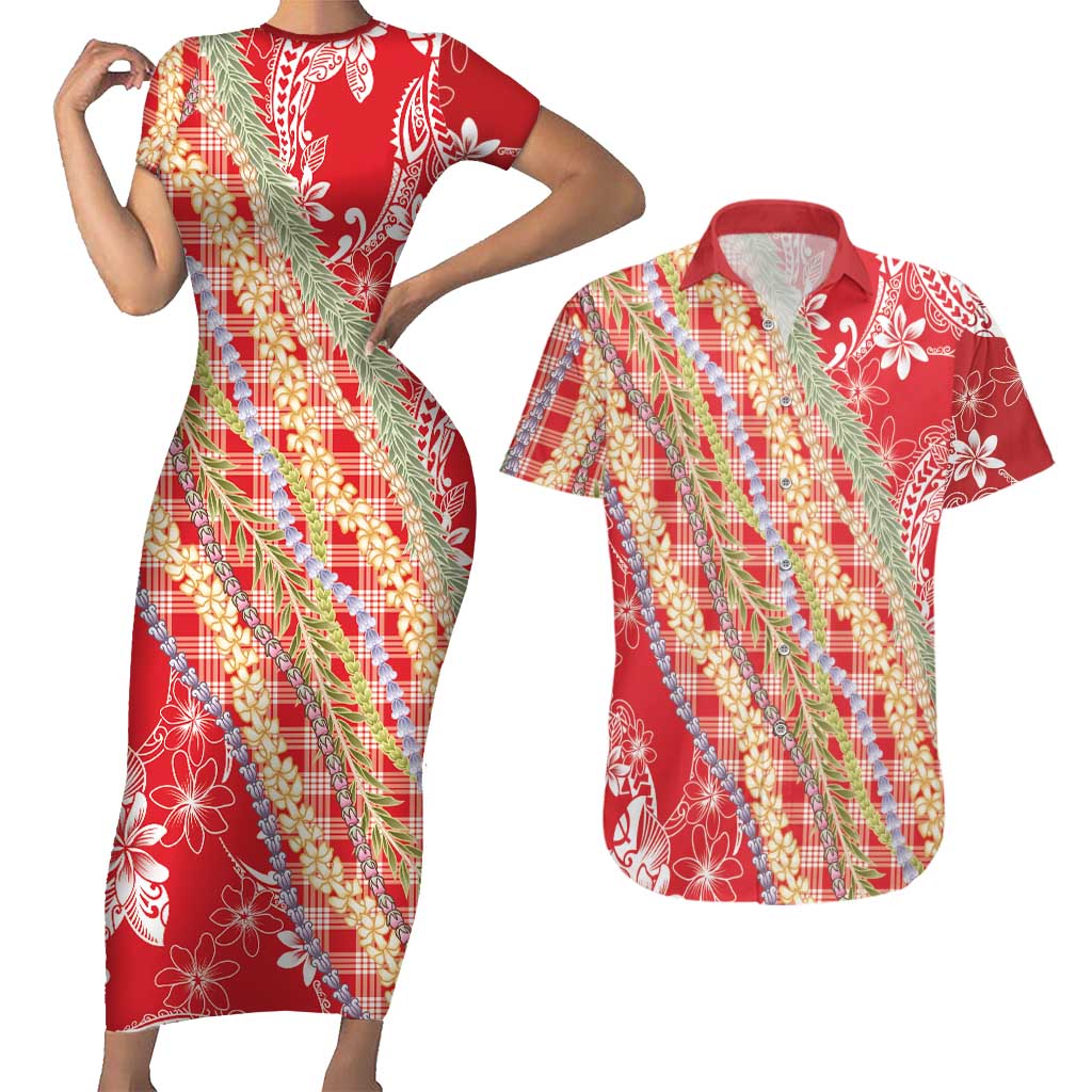 Red Palaka Hawaii Leis Couples Matching Short Sleeve Bodycon Dress and Hawaiian Shirt Hawaiian-plaid Elegant Tropical Vibes - Polynesian Pride