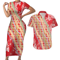 Red Palaka Hawaii Leis Couples Matching Short Sleeve Bodycon Dress and Hawaiian Shirt Hawaiian-plaid Elegant Tropical Vibes - Polynesian Pride