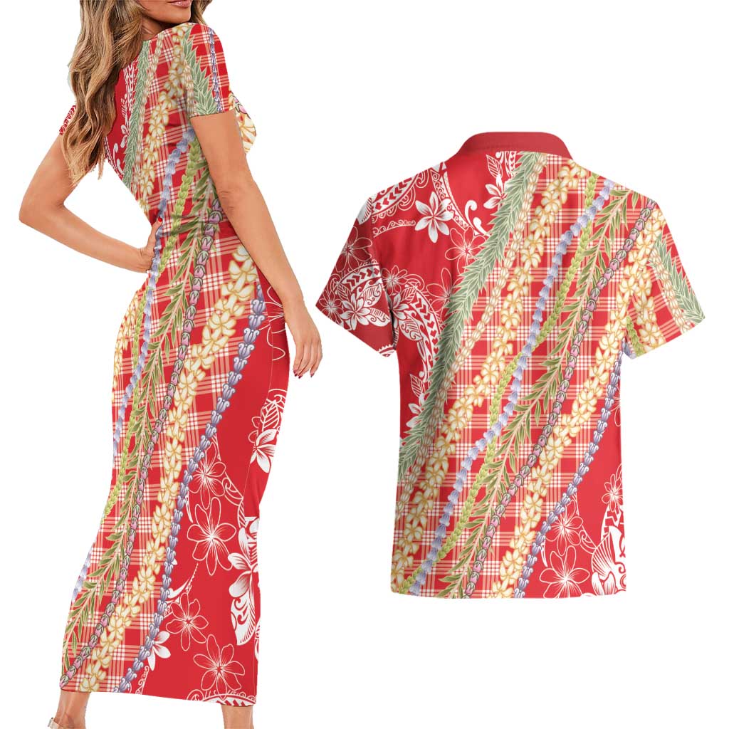 Red Palaka Hawaii Leis Couples Matching Short Sleeve Bodycon Dress and Hawaiian Shirt Hawaiian-plaid Elegant Tropical Vibes - Polynesian Pride