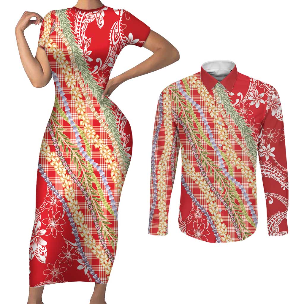Red Palaka Hawaii Leis Couples Matching Short Sleeve Bodycon Dress and Long Sleeve Button Shirt Hawaiian-plaid Elegant Tropical Vibes - Polynesian Pride