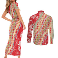 Red Palaka Hawaii Leis Couples Matching Short Sleeve Bodycon Dress and Long Sleeve Button Shirt Hawaiian-plaid Elegant Tropical Vibes - Polynesian Pride