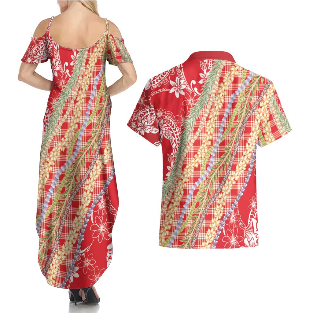 Red Palaka Hawaii Leis Couples Matching Summer Maxi Dress and Hawaiian Shirt Hawaiian-plaid Elegant Tropical Vibes - Polynesian Pride