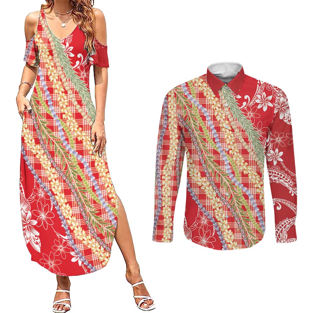 Red Palaka Hawaii Leis Couples Matching Summer Maxi Dress and Long Sleeve Button Shirt Hawaiian-plaid Elegant Tropical Vibes - Polynesian Pride