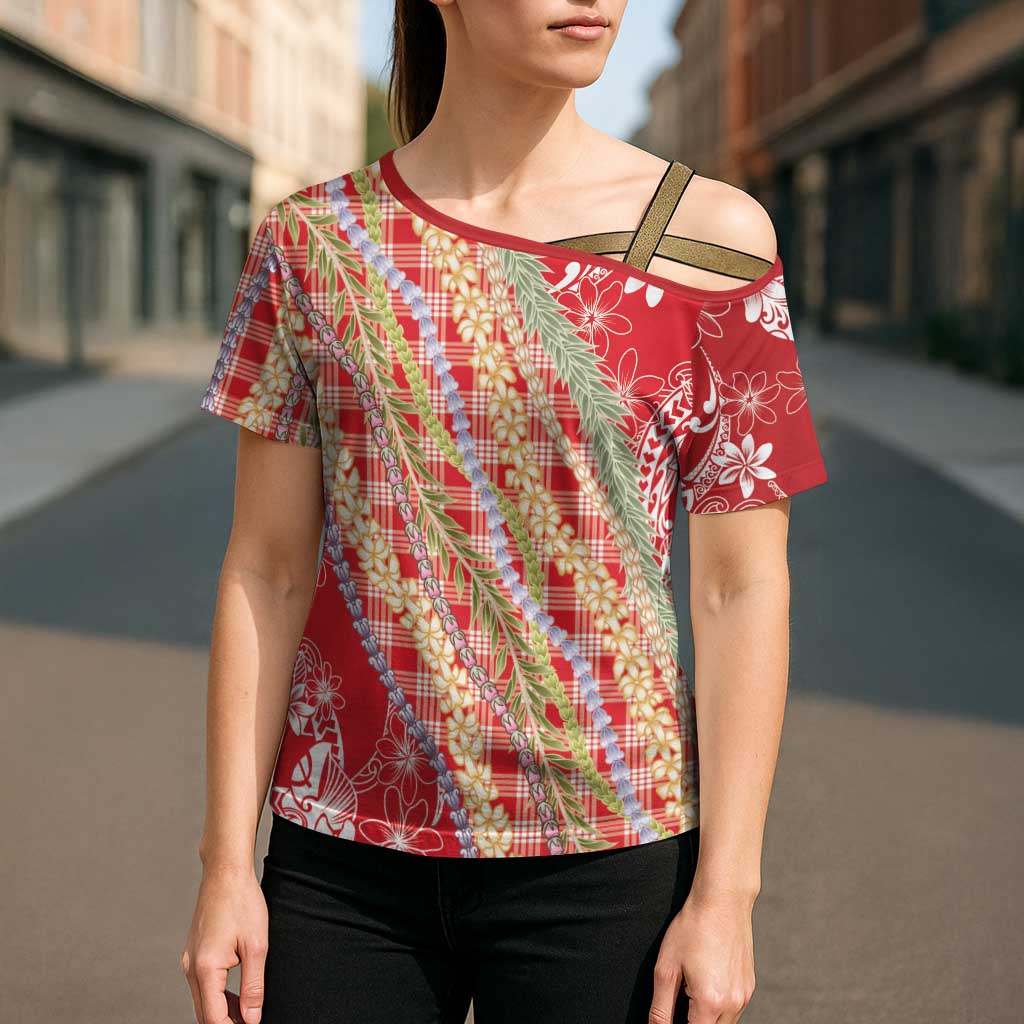 Red Palaka Hawaii Leis Cross Shoulder Shirt Hawaiian-plaid Elegant Tropical Vibes - Polynesian Pride