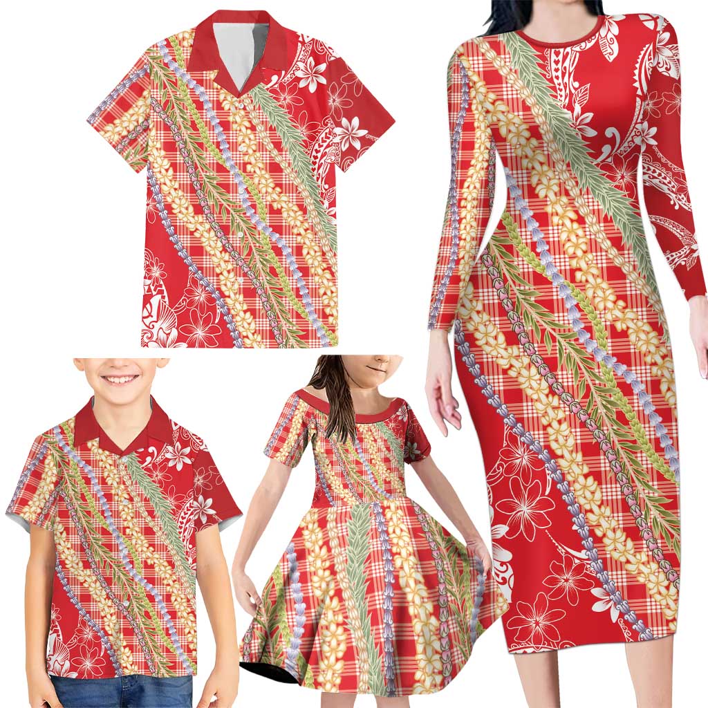Red Palaka Hawaii Leis Family Matching Long Sleeve Bodycon Dress and Hawaiian Shirt Hawaiian-plaid Elegant Tropical Vibes - Polynesian Pride