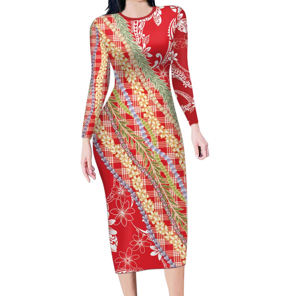 Red Palaka Hawaii Leis Family Matching Long Sleeve Bodycon Dress and Hawaiian Shirt Hawaiian-plaid Elegant Tropical Vibes LT14 Mom's Dress Red - Polynesian Pride