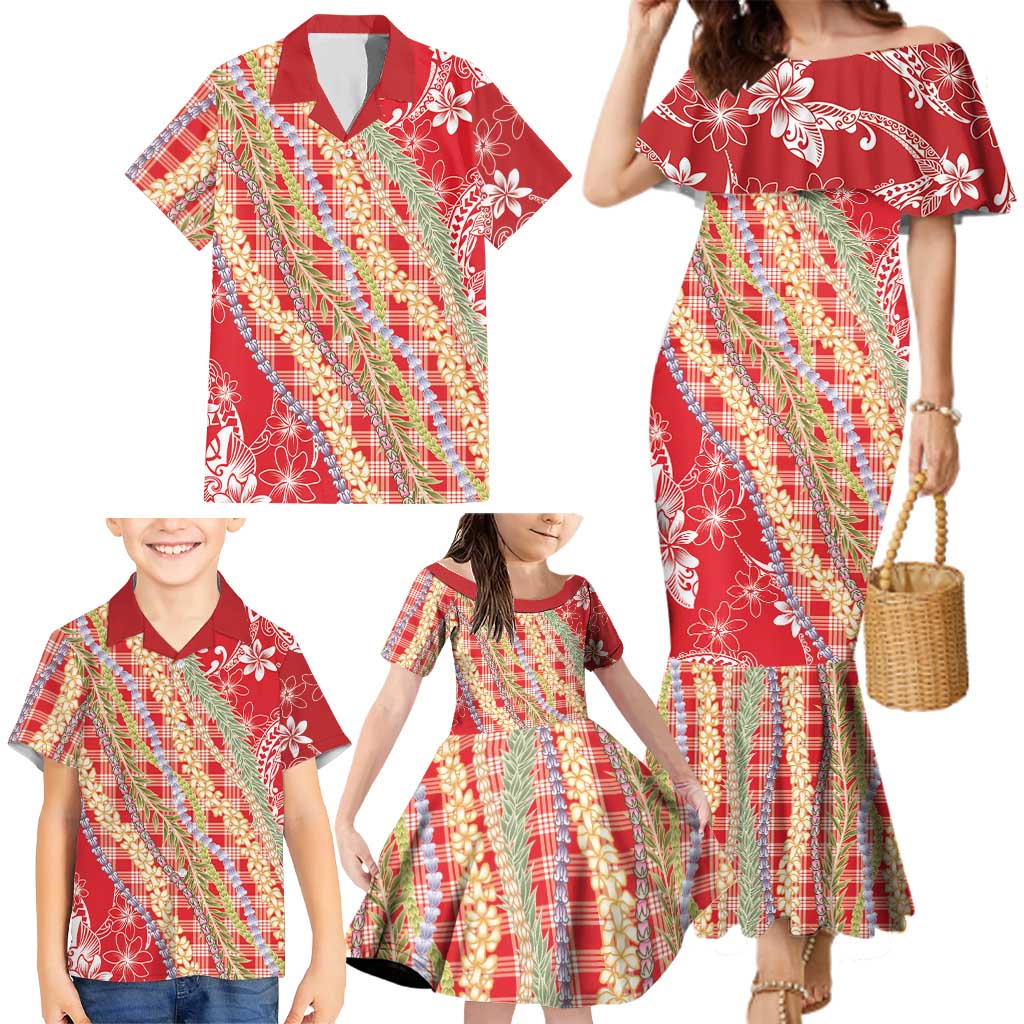 Red Palaka Hawaii Leis Family Matching Mermaid Dress and Hawaiian Shirt Hawaiian-plaid Elegant Tropical Vibes - Polynesian Pride