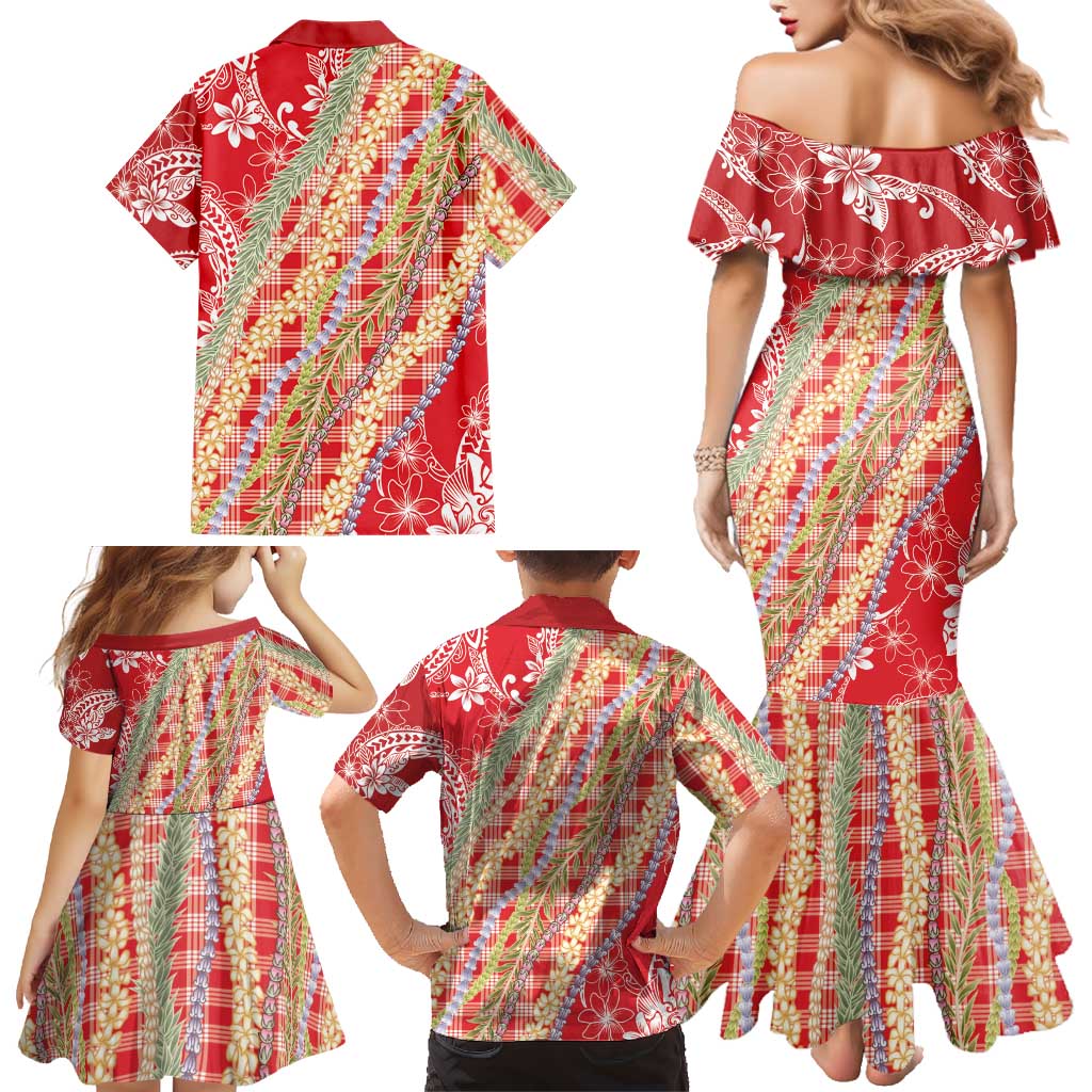 Red Palaka Hawaii Leis Family Matching Mermaid Dress and Hawaiian Shirt Hawaiian-plaid Elegant Tropical Vibes LT14 - Polynesian Pride