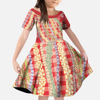 Red Palaka Hawaii Leis Family Matching Off Shoulder Maxi Dress and Hawaiian Shirt Hawaiian-plaid Elegant Tropical Vibes LT14 Daughter's Dress Red - Polynesian Pride