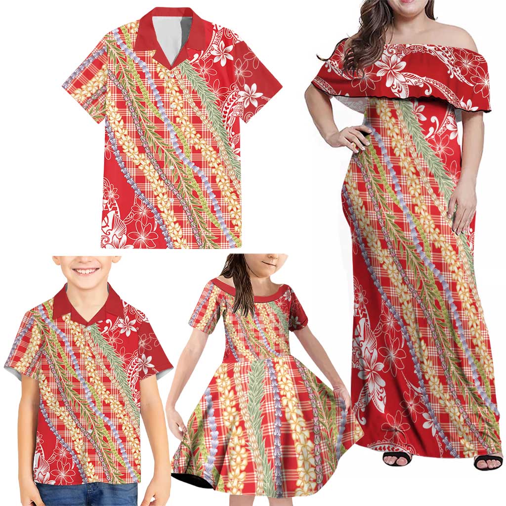 Red Palaka Hawaii Leis Family Matching Off Shoulder Maxi Dress and Hawaiian Shirt Hawaiian-plaid Elegant Tropical Vibes LT14 - Polynesian Pride