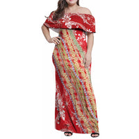 Red Palaka Hawaii Leis Family Matching Off Shoulder Maxi Dress and Hawaiian Shirt Hawaiian-plaid Elegant Tropical Vibes LT14 Mom's Dress Red - Polynesian Pride