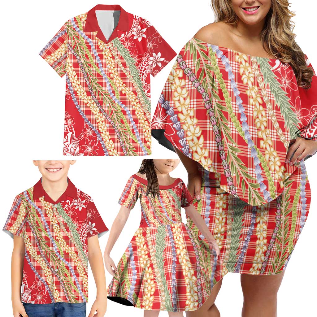 Red Palaka Hawaii Leis Family Matching Off Shoulder Short Dress and Hawaiian Shirt Hawaiian-plaid Elegant Tropical Vibes LT14 - Polynesian Pride